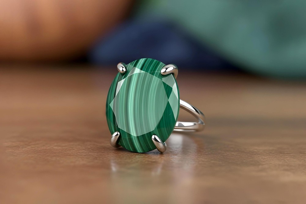Malachite Gemstone Ring Anemone Sterling Silver Oval Large Stone Engraved