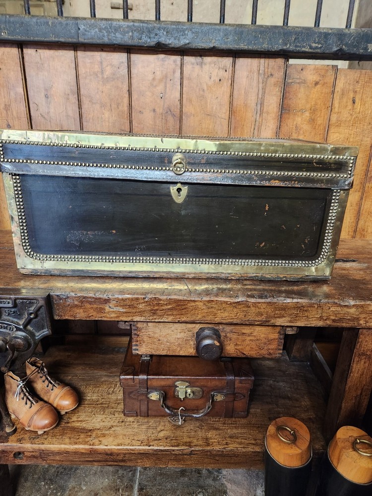 Antique Black Brass Rivetted Wooden Solid Trunk.