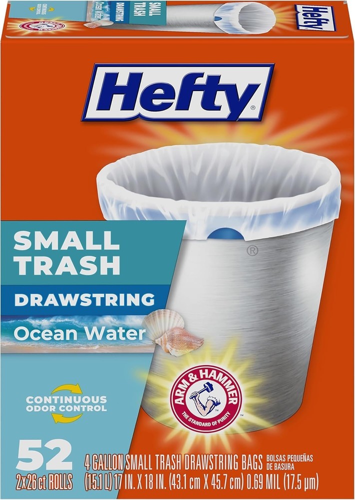 Hefty Small Trash Bags, Ocean Water Scent, 4 Gallon, (52 Count)