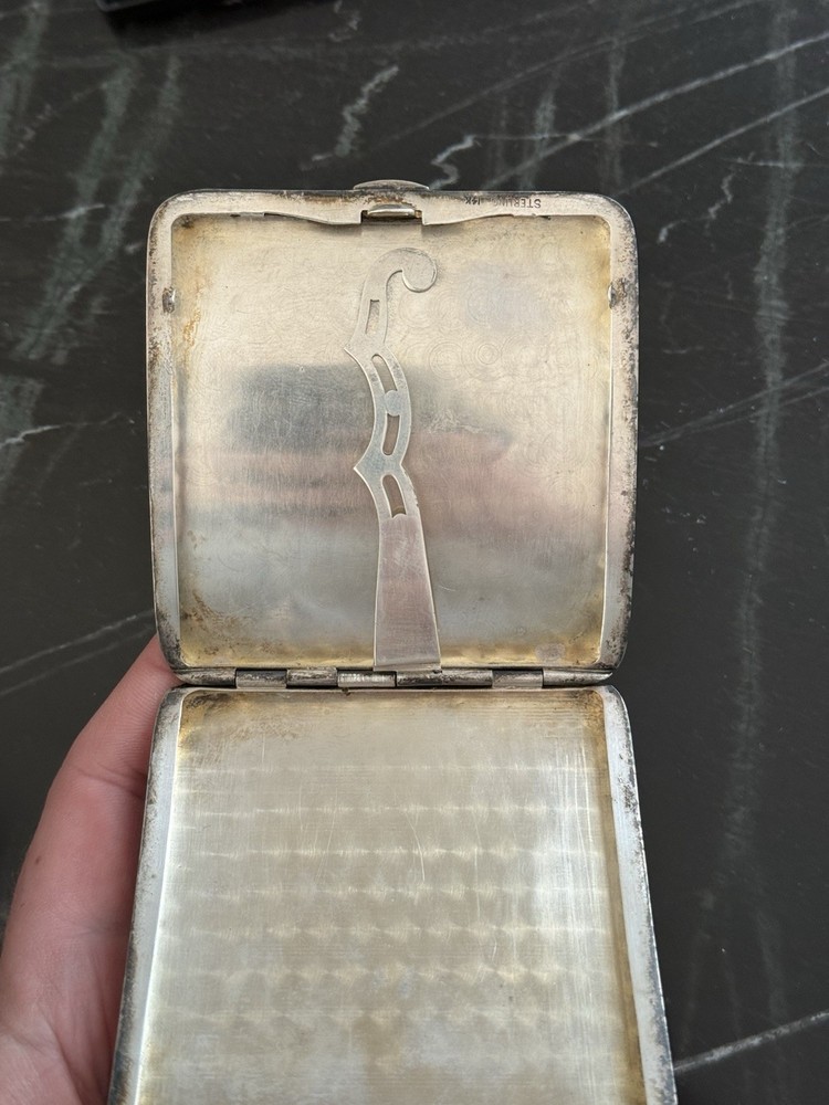Solid Sterling Silver & 14K Gold Inlay Antique Cigarette Case 90 Grams