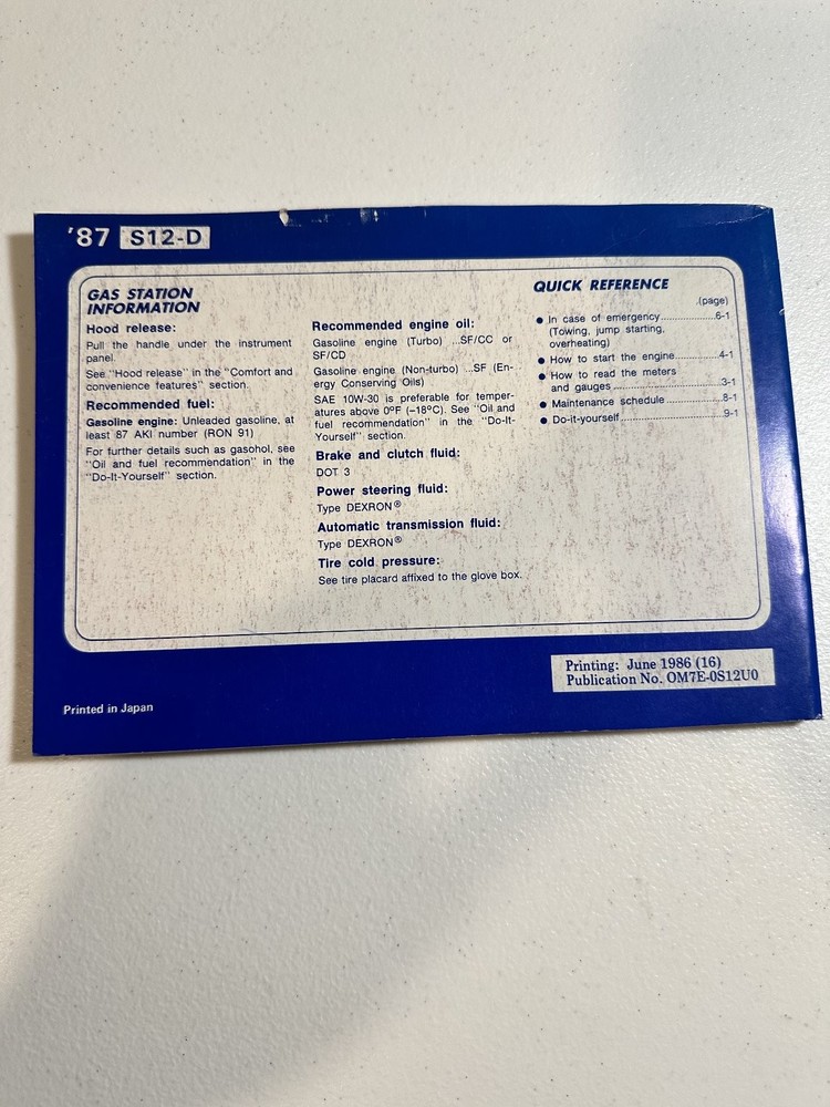 1987 Nissan 200SX Owner's Manual