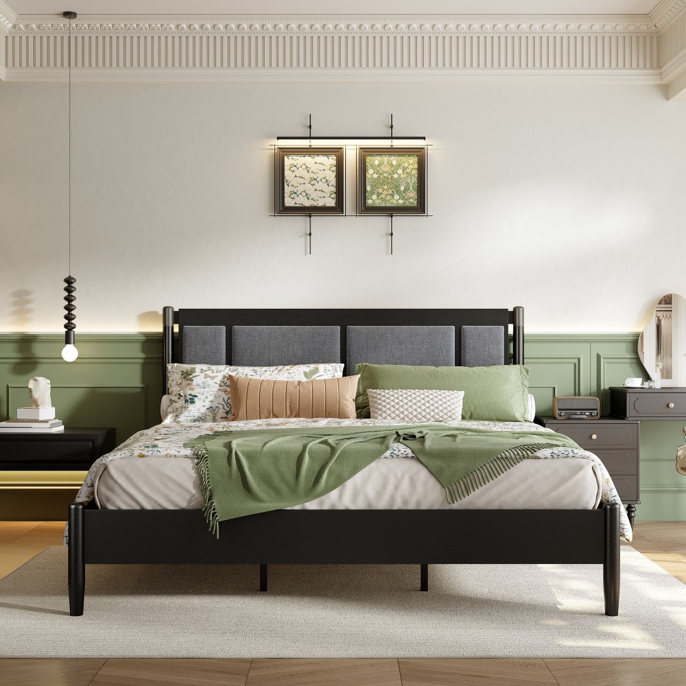 Solid Wood King Bed Frame w/ Upholstered Headboard, 600lb Support, Black