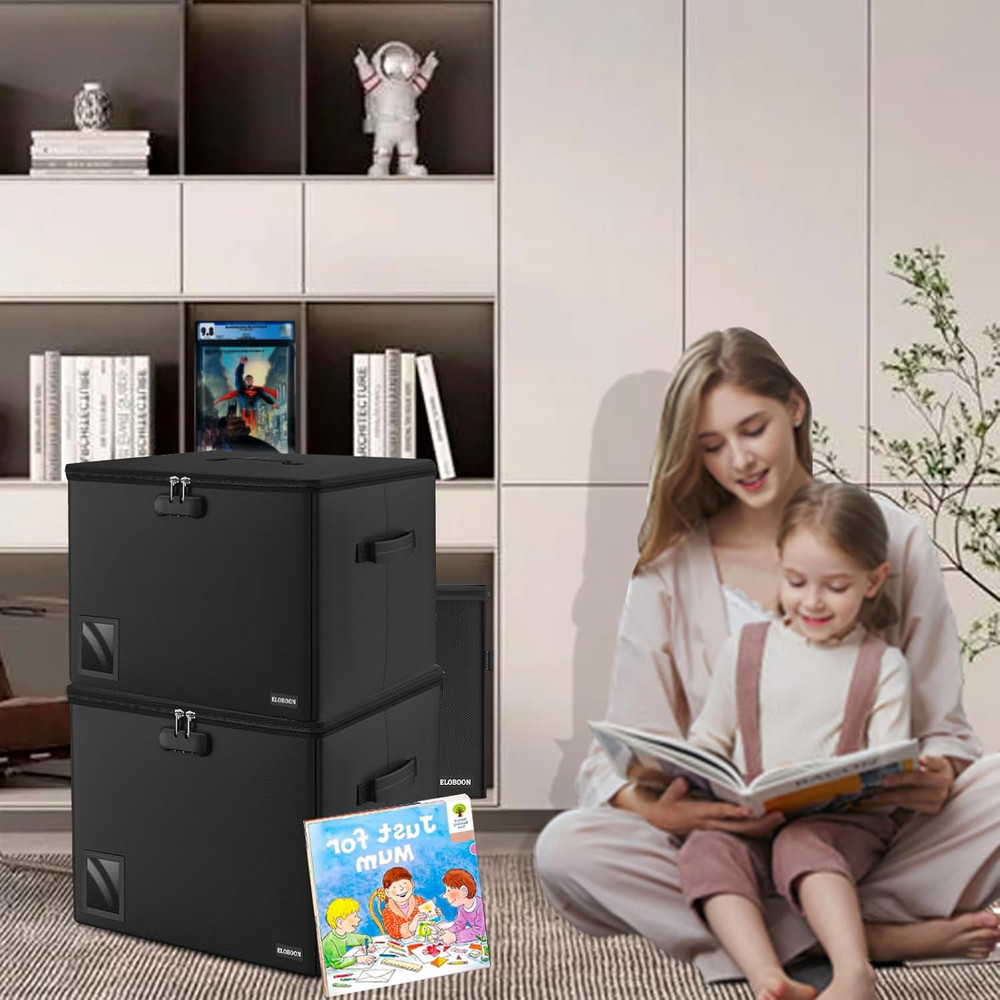 Comic Book Storage - Fireproof & Water-Resistant Stackable Box with Zipper Mesh