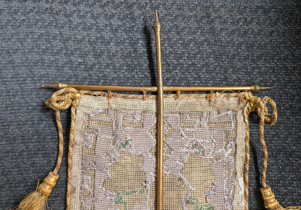 Antique Victorian 1870 Hand Held Pole Beaded Needlepoint Banner Fire Screen 19"
