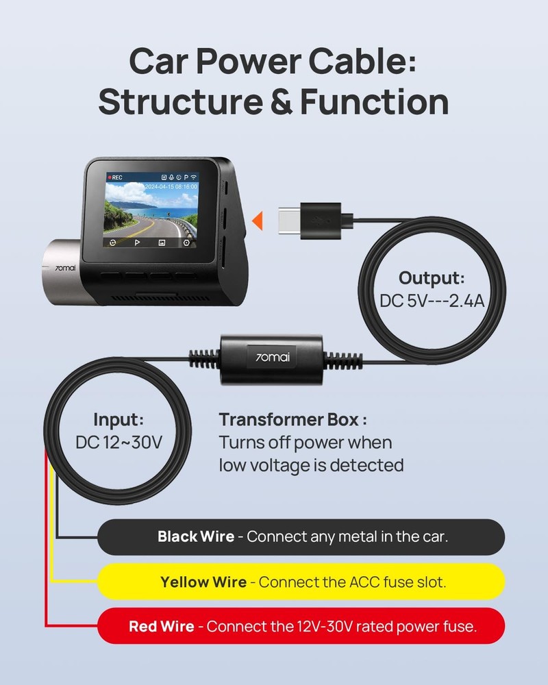 70mai Hardwire Kit UP03, 10ft Type-C Dash black