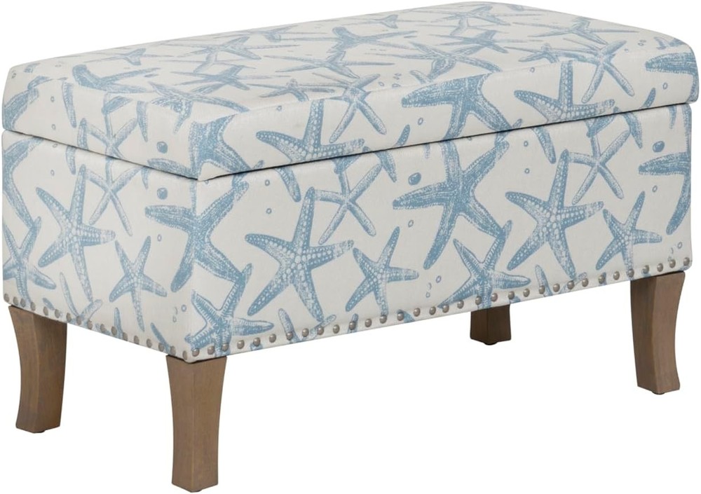 Stephanie Cream & Light Blue Starfish Fully Upholstered Bench W/ Hidden Interior
