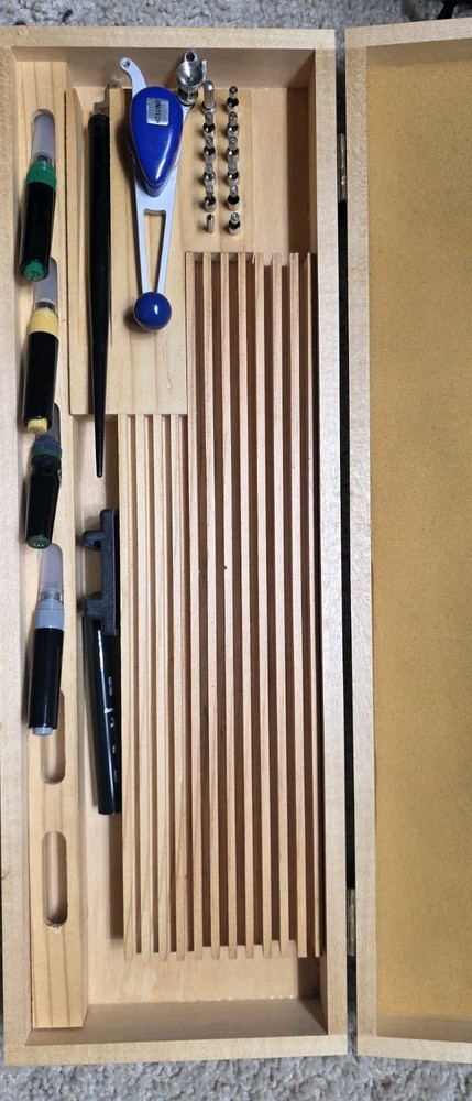 Vintage Unitech Drafting Set With Nice Wood Storage Case.