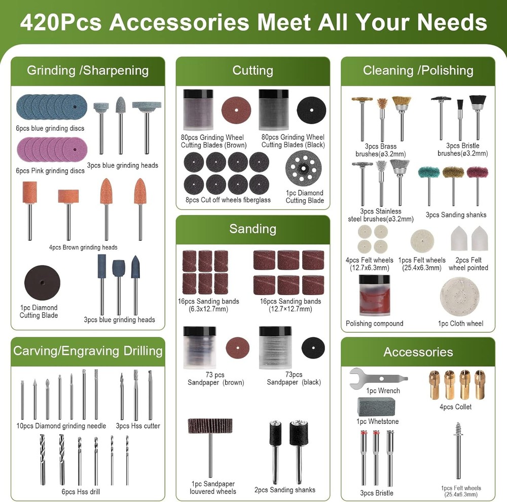 Rotary Tool Accessory Kit 420 Pcs 1/8' Shanks Universal Fitment