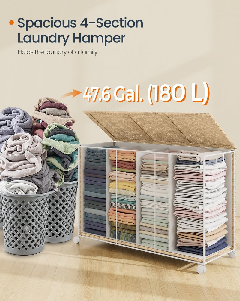 Laundry Hamper with 4 Section, 180 L Large Rolling Laundry Basket with Wheels...