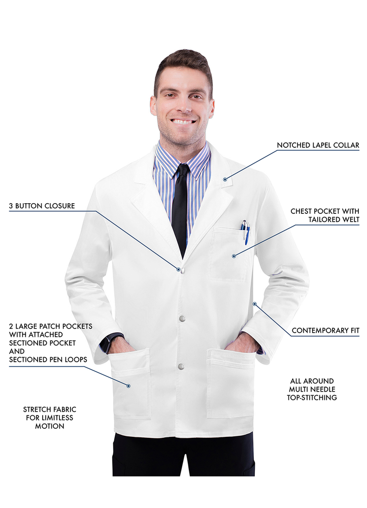 Adar Pop-Stretch Mens 31" Snap Front Lab Coat Very Comfortable