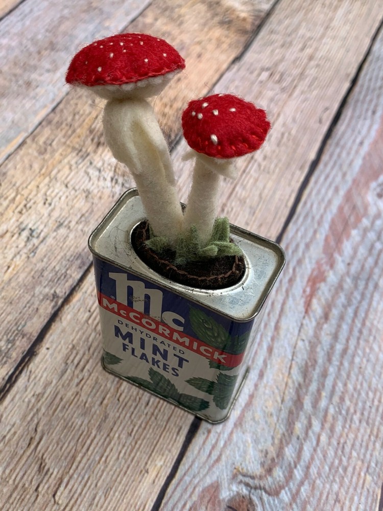 Felt Handmade Toadstool Mushroom in a Vintage McCormick Mint Flakes Tin