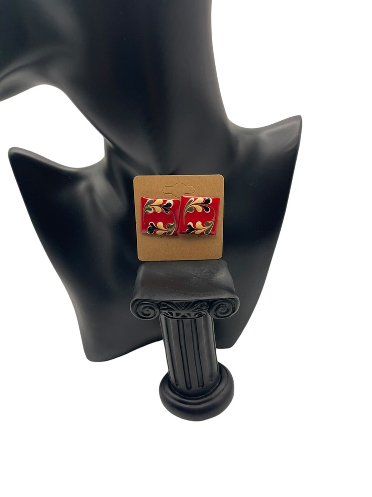 **Vintage Retro Red Enamel Square Earrings