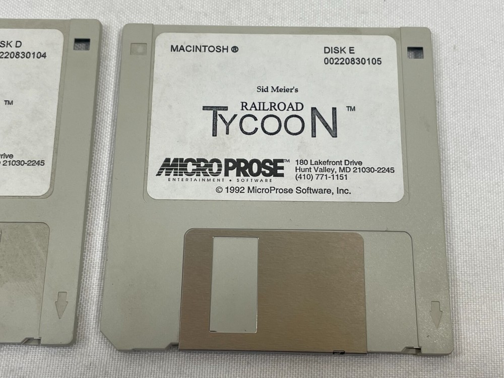 Vintage 1992 Sid Meier's Railroad Tycoon Macintosh 3.5" Floppy Disk D & E ONLY!