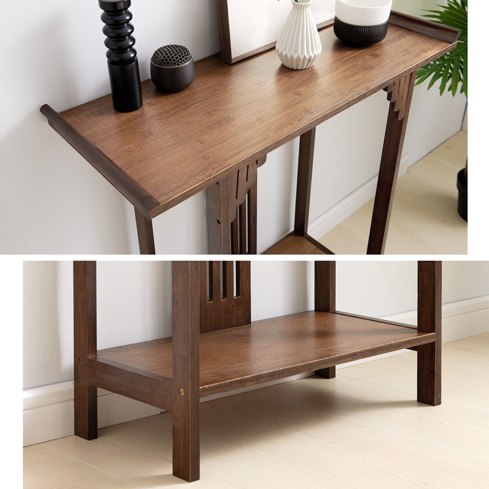 2 Tiers Long and Narrow Side Table Slim Accent Table Versatile Bamboo Table
