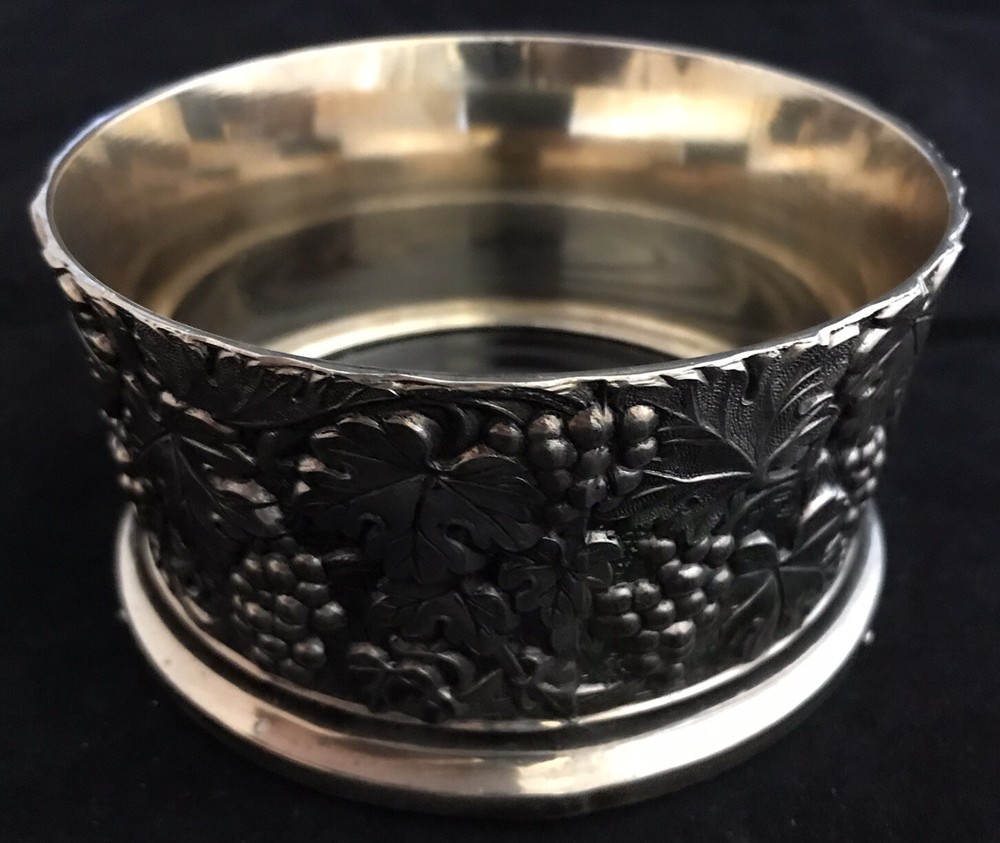 Wine Champagne Bottle Coaster Grapes Silverplate