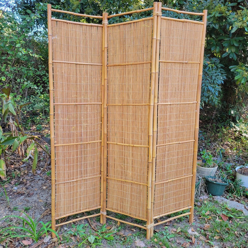 Vintage Mid Century Boho Bamboo Room Divider Screen 3 Panel Backdrop Prop