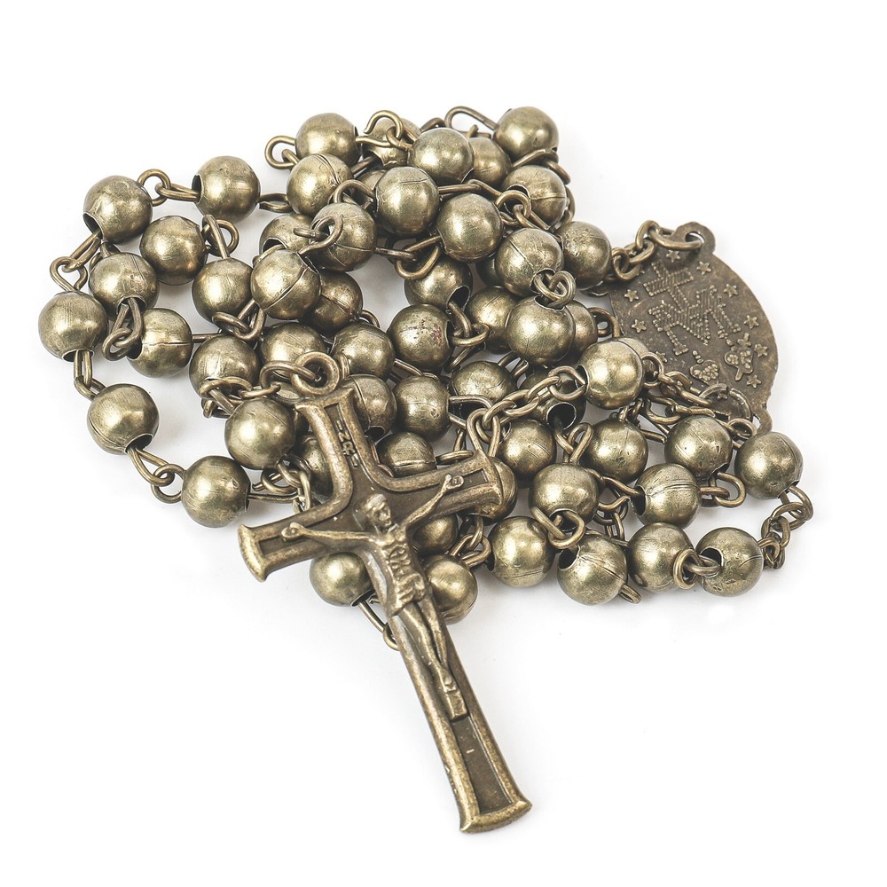 Bronze Beads Rosary Beaded Necklace Miraculous Medal WW2 Design and Jesus Cross