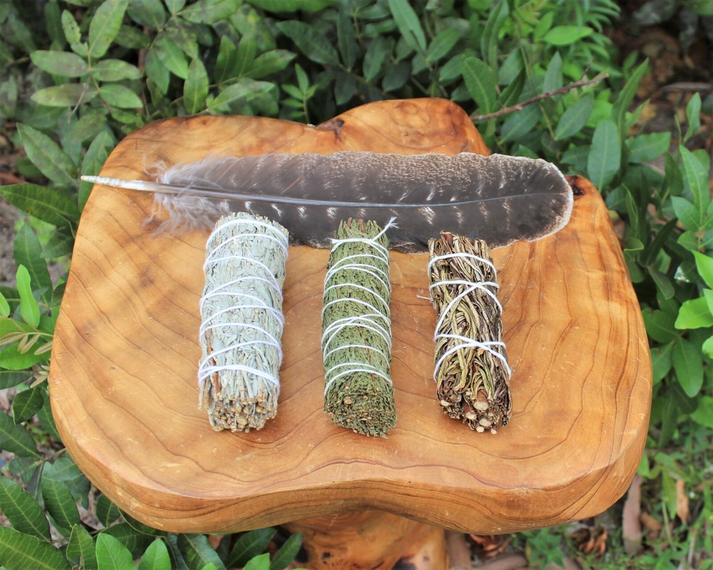 SAGE SMUDGE STICKS: BLUE, CEDAR & YERBA SAMPLER 3 PACK & SMUDGING FEATHER