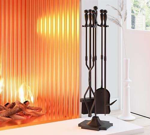 5 Pcs Fireplace Tools Sets Heavy Duty Wrought Iron Large Fire Tool Set and