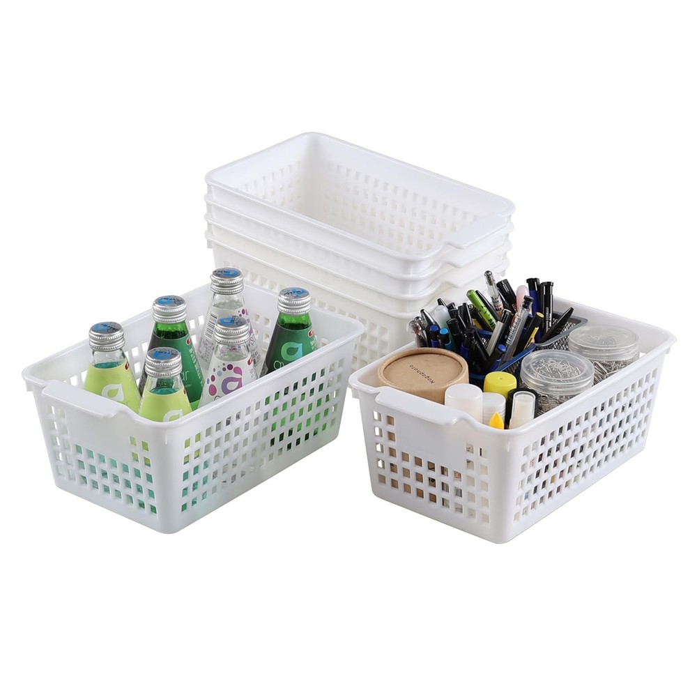6-Pack White Plastic Storage Basket, Small Storage Basket