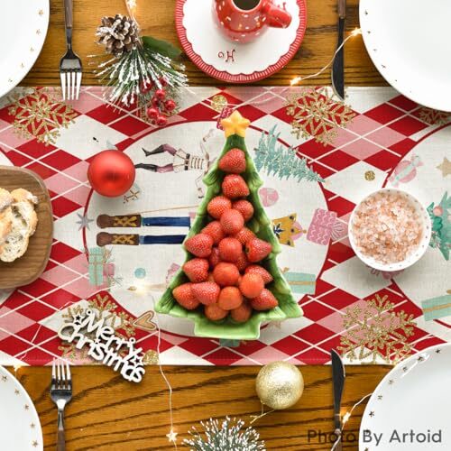 Diamond Plaid Nutcracker Snowflake Christmas Table 13" x 72", Table Runner Red