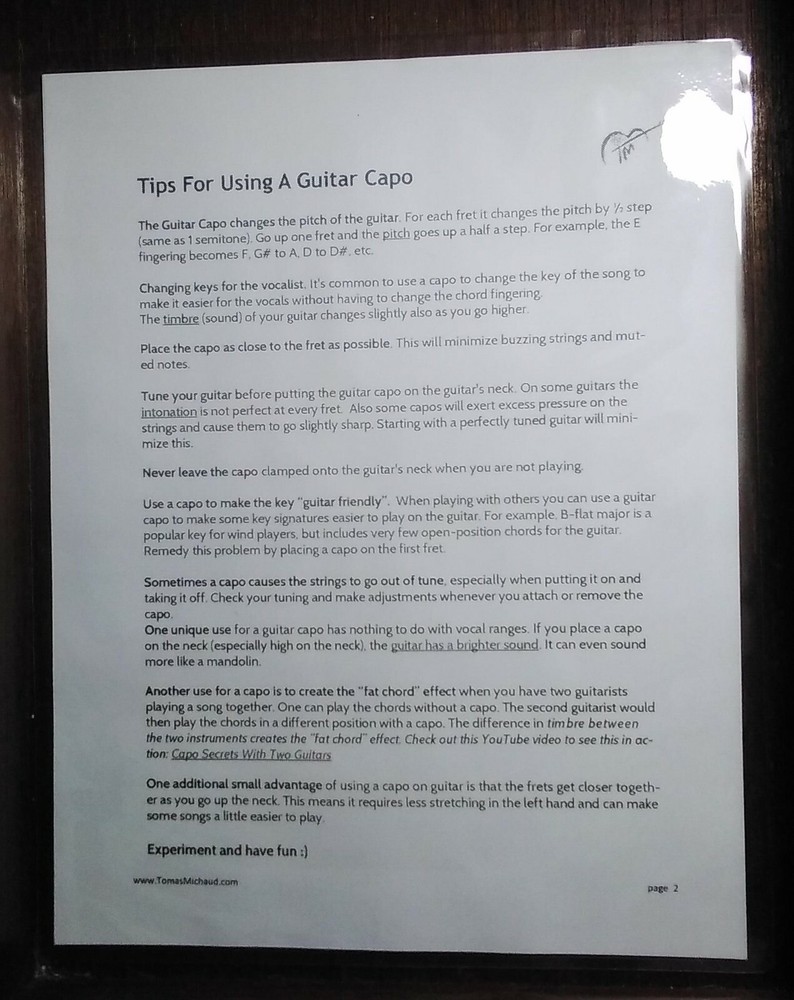 Guitar Capo Chart & Tips for using a Guitar Capo - Double Sided ~ Laminated ~