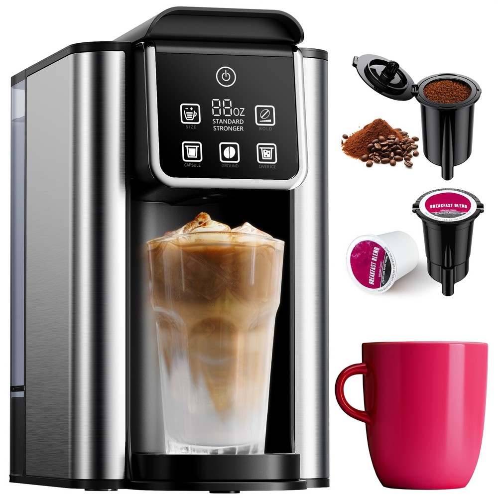 Black hot and cold coffee maker, suitable for K cups and coffee grounds.