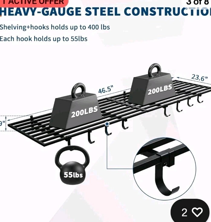 2 Pack Heavy Duty Garage Wall Shelving 2x4ft Wall Mount Storage Shelf with Hooks
