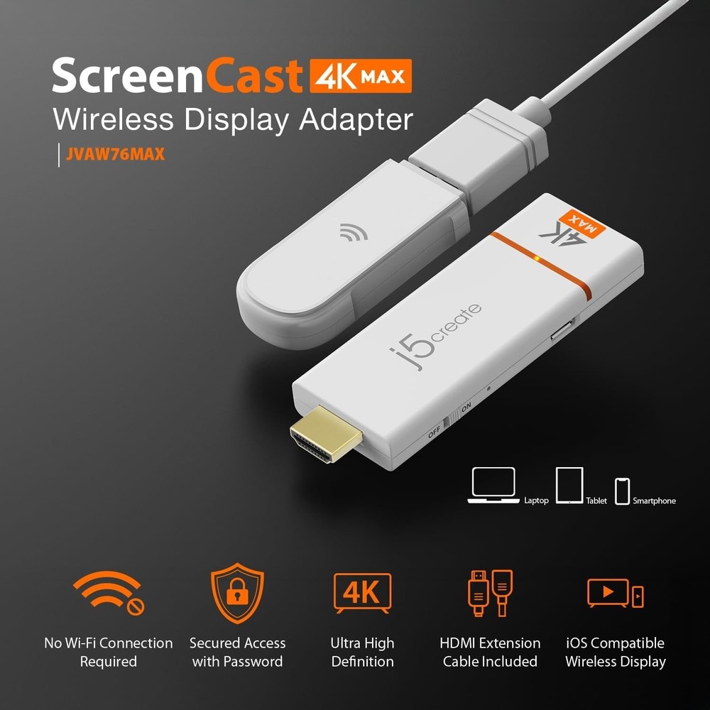 j5create ScreenCast 4K Max Wireless Display Adapter with Enhanced Antenna T41-12