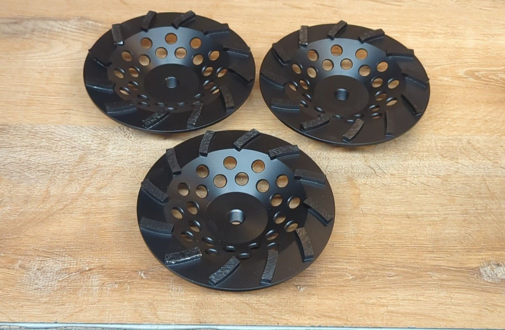 (3) 7" Long Threaded Arbor 12 Segment Turbo Cup Wheel 30/40 Grit