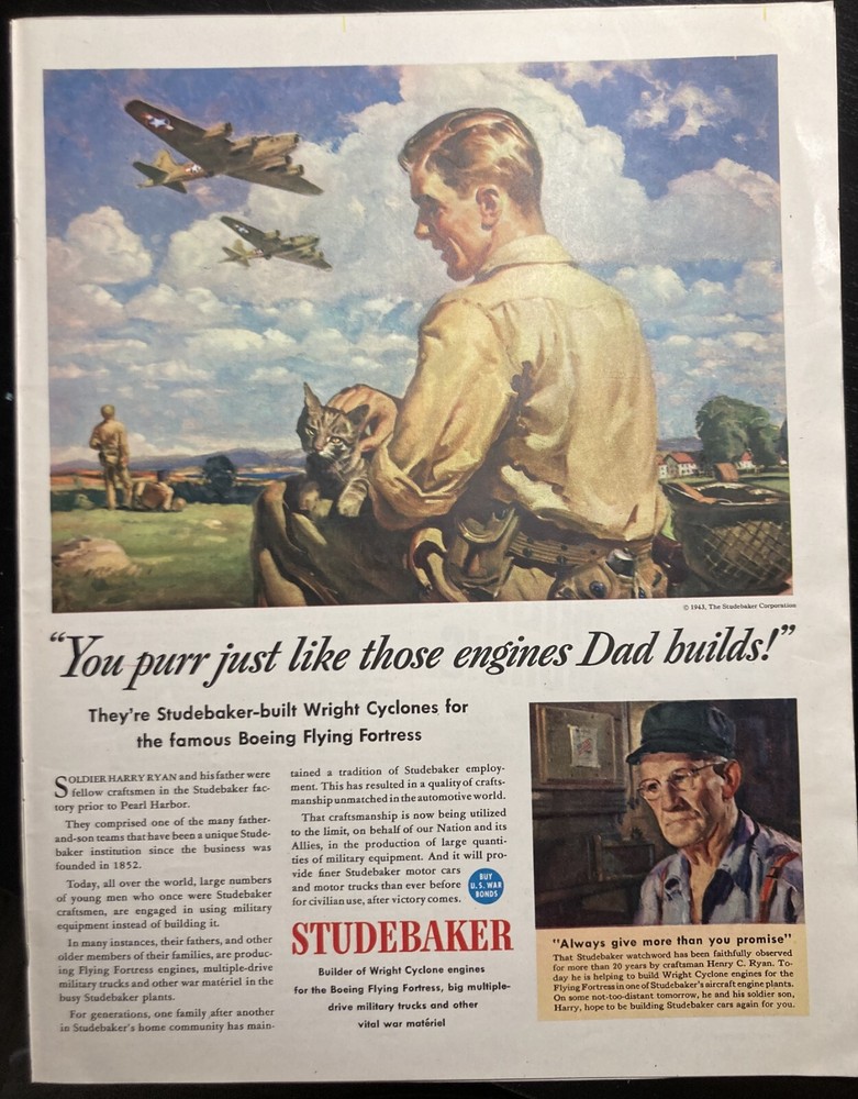 1943 Look Mag Studebaker Wright Cyclone Military Plane Engines War Ephemera Ad