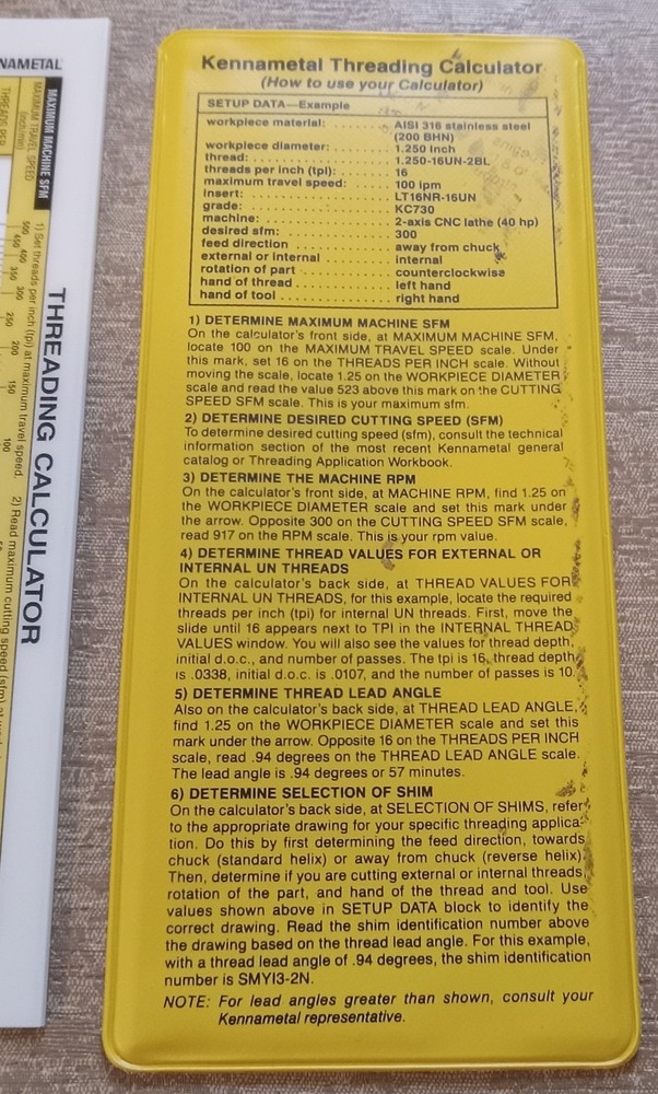Kennametal Threading Calculator with Plastic Sleeve