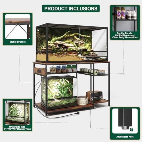 Reptile Tank Stand with Power Outlets，48" X 24" Double Layer Rustic Brown