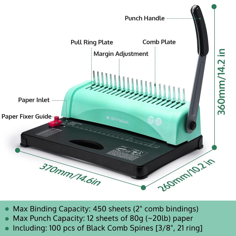 Binding Machine, 21-Hole 450 Sheets Paper Comb Punch Binder Machine for Lette...
