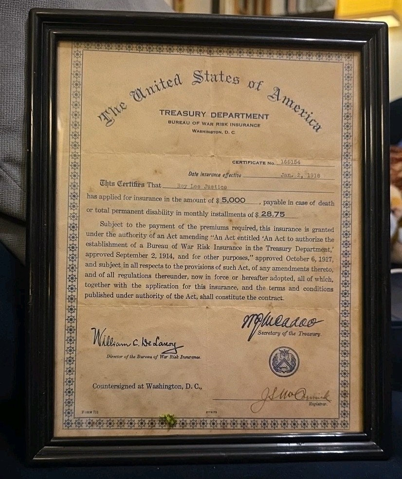 1918 War Risk Insurance Document Paper Ephemera