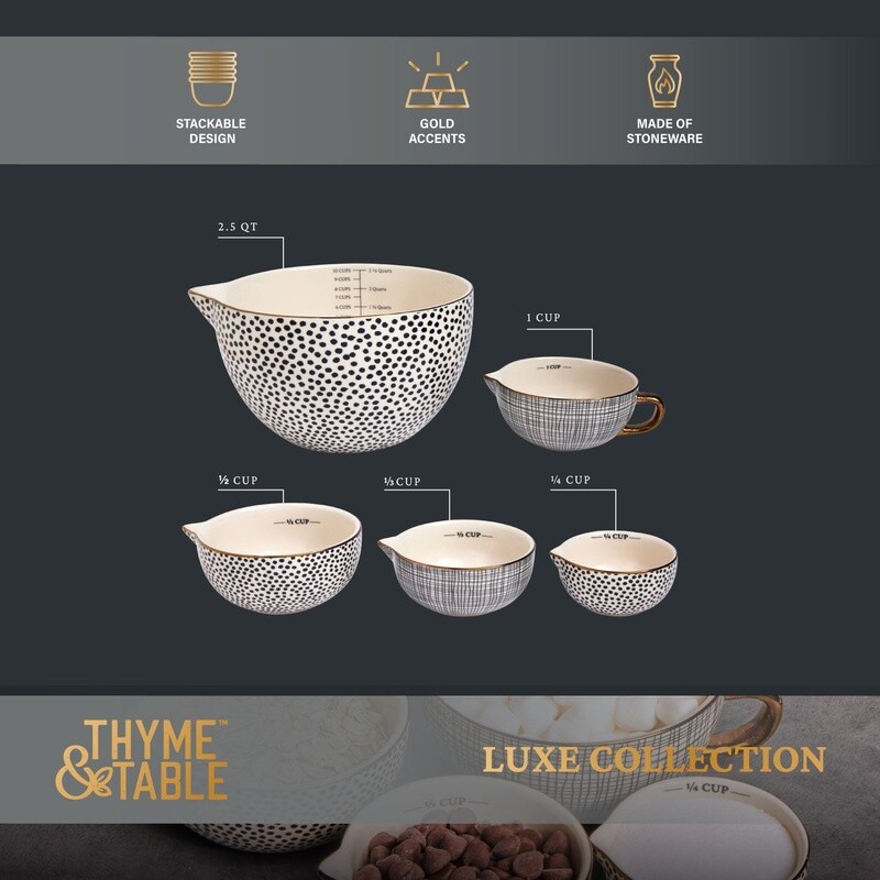 5 Piece Ceramic Mixing Bowl Set Measuring Cups Dot Pattern Kitchen Tools New