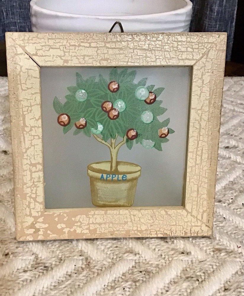 VTG 2 PC Folk Art Cherry & Apple Trees Plaques 6”x6”
