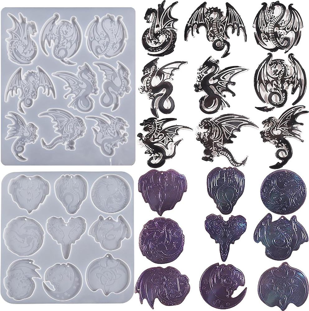 2 Pack Dragon Keychain Resin Mold - 9 Cavities Each - Multiple Style - Pendant -