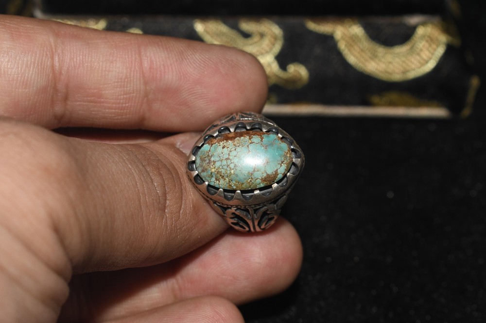 Genuine Antique Old Near Eastern Solid Silver ring with Turquoise Stone Bezel