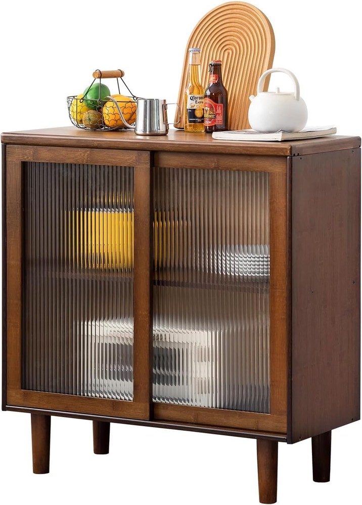 Buffet Cabinet, Bamboo Sideboard with Storage Kitchen Display Cabinet with 2-...