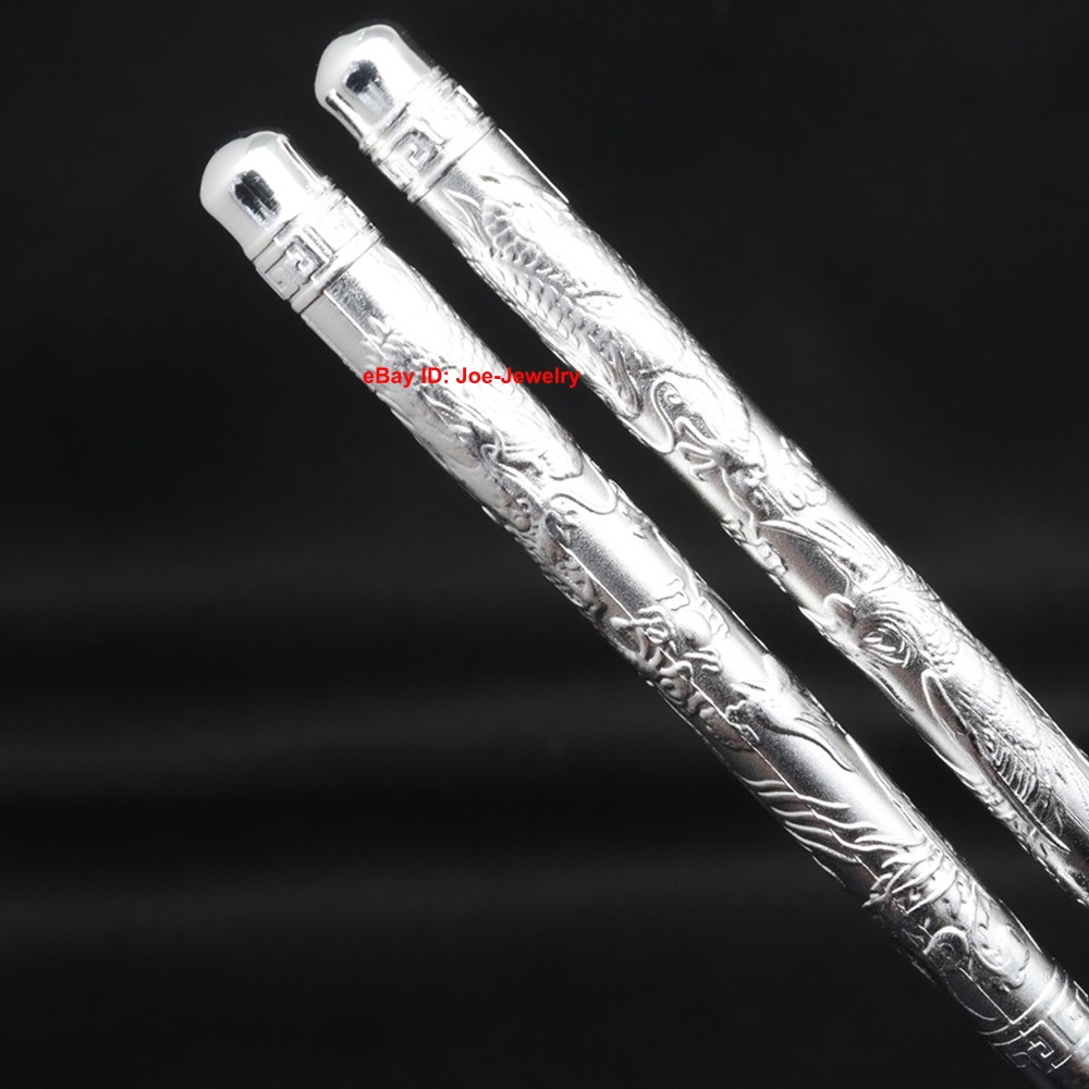 Real 999 Fine Silver Chopsticks  Silver Healthy Tableware Dragon Phoenix Handle