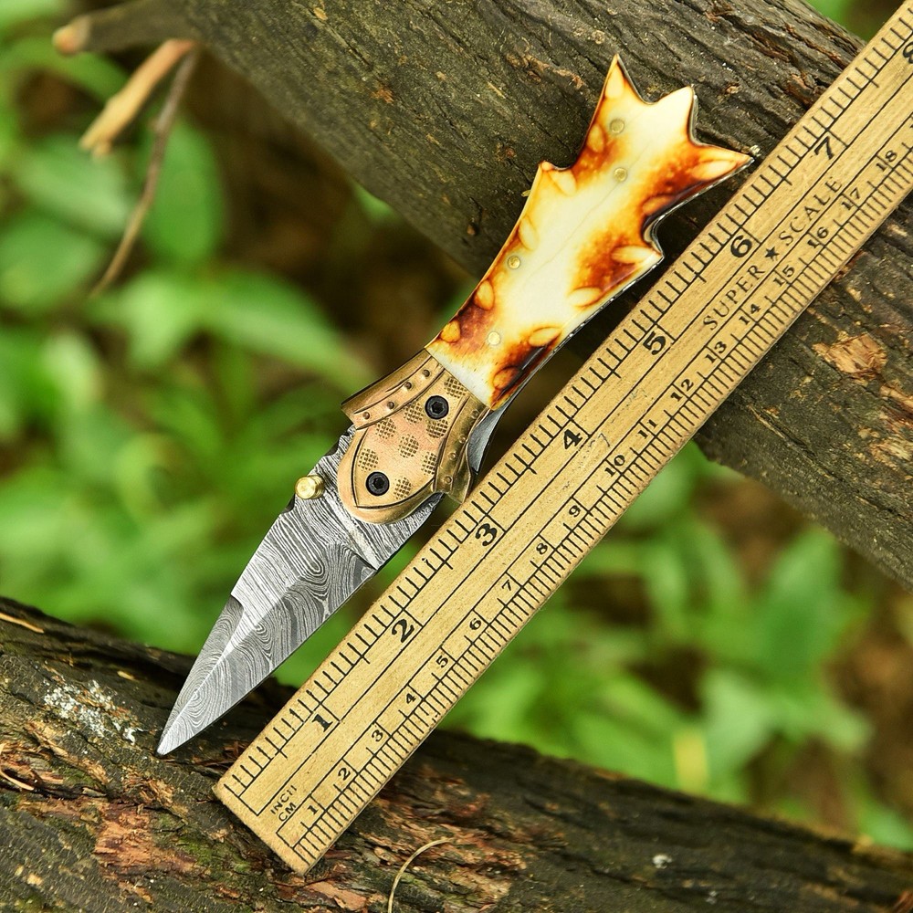 Damascus Folding Dagger Blade Pocket Knife Tactical-Original Burn Bone Handle