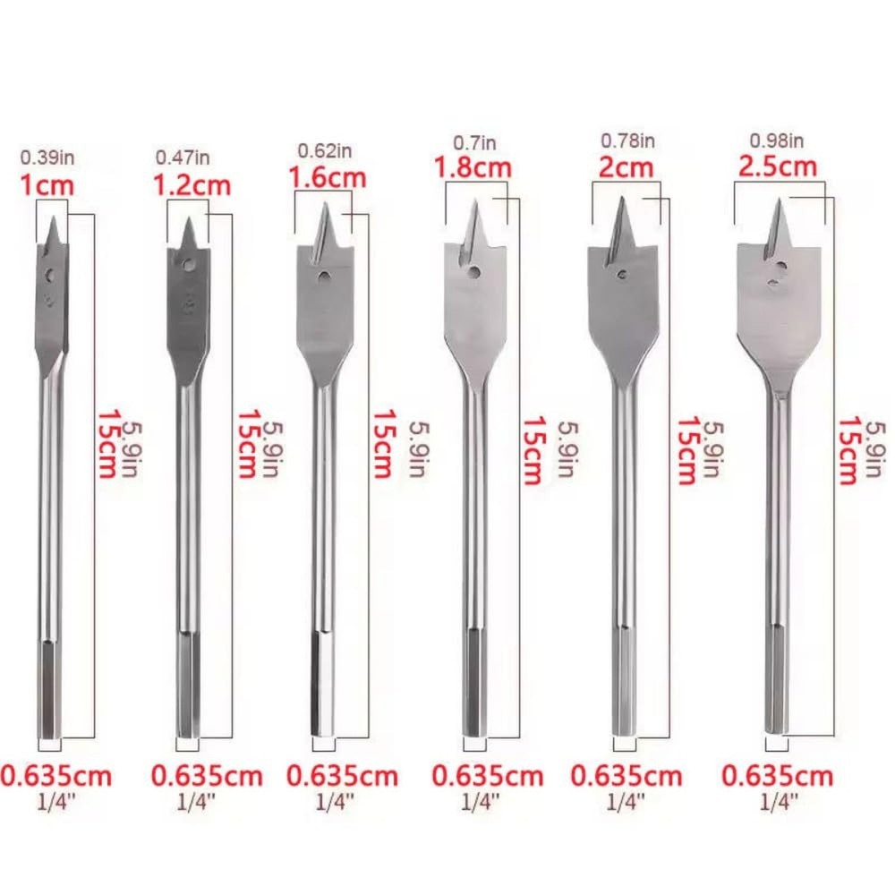 6PCS Spade Drill Bit Set Paddle Flat Bits, 3/8"-1",Hex Shank Quick Change Woo...