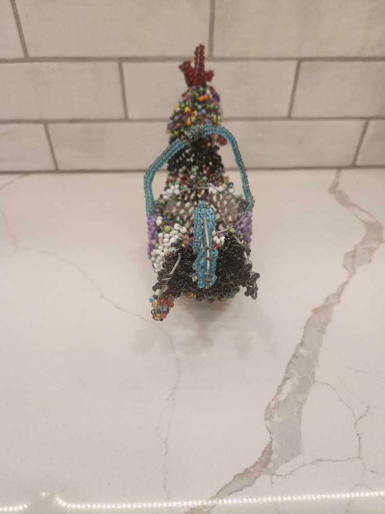 Multicolored Wire Hand Beaded Rooster Basket With Beaded Handle Maker Unknown
