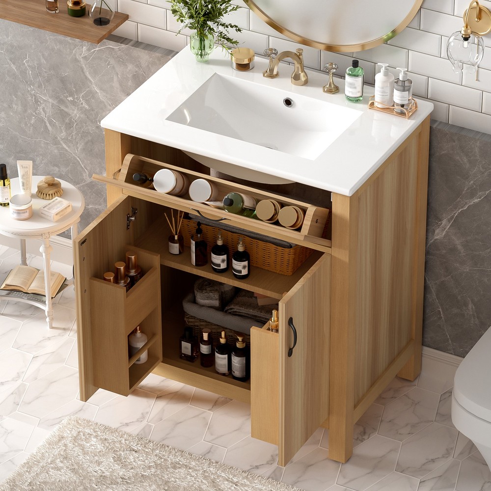 30" Wood Bathroom Vanity with Solid Wood Frame, 2 Soft Close Doors,1 Flip Drawer