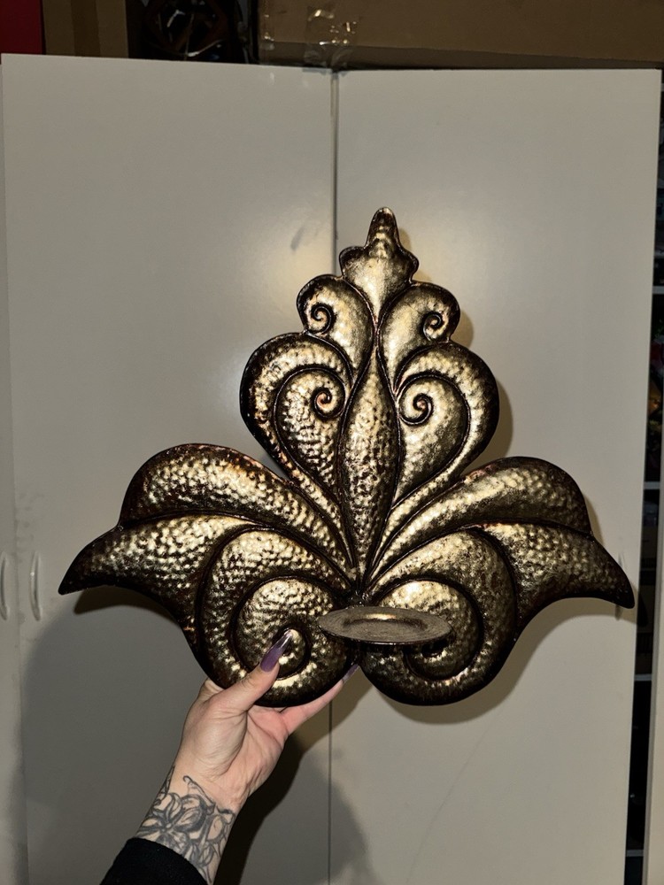 Vintage Large Hammered Metal Fleur-de-lis Wall Sconce
