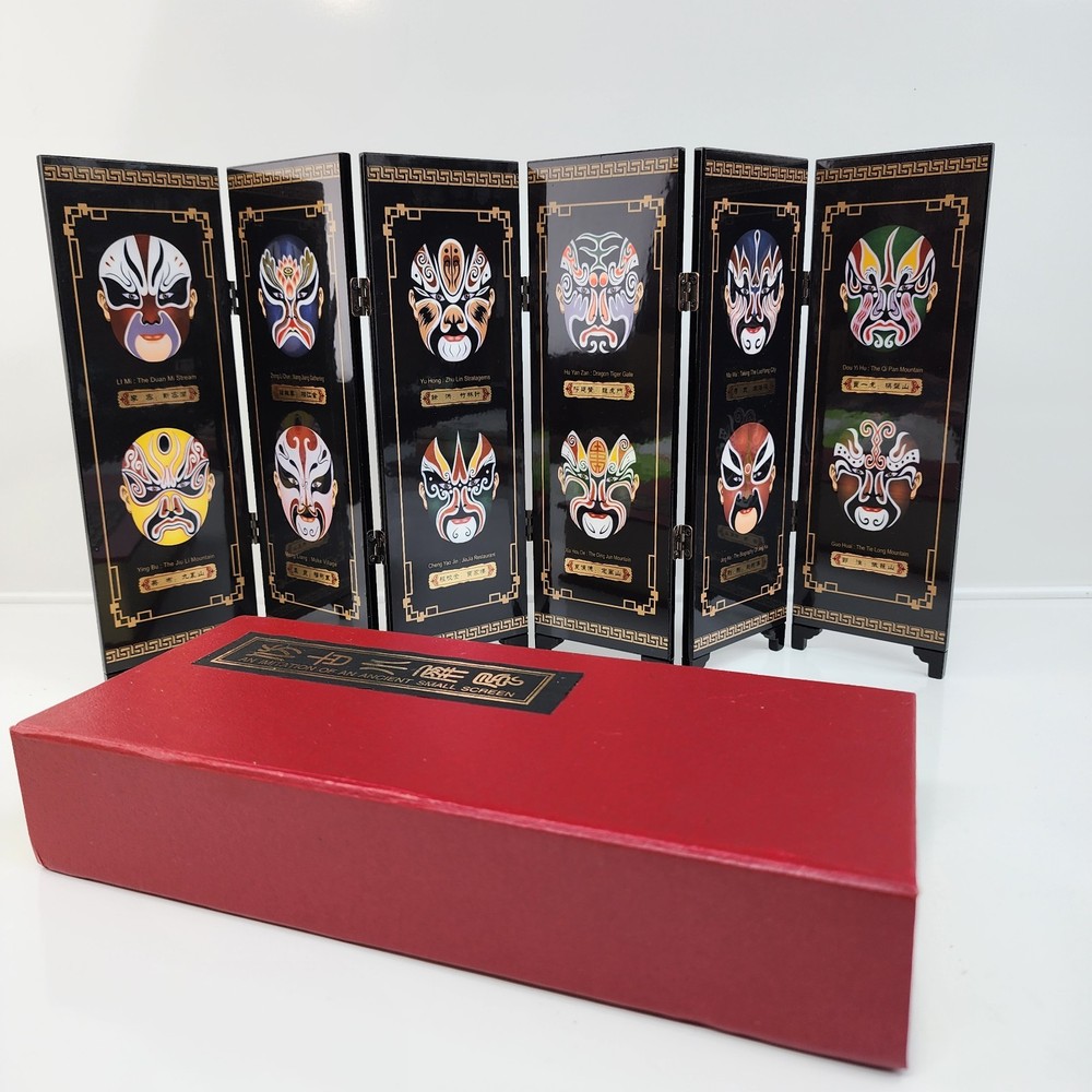 Chinese Folding Screen Peking Opera Makeup Mini Panel Black Lacquer 9x18 w Box