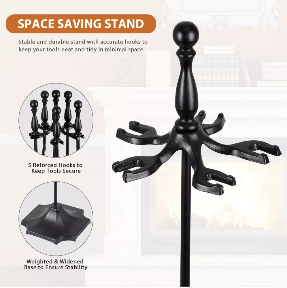 31 in. 5-Piece Fireplace Tool Set Rustic Wrought Iron Firewood Burning Tool