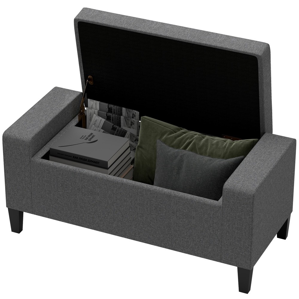 Rectangular Tufted Linen Storage Ottoman Bench with Flipping Top Gray