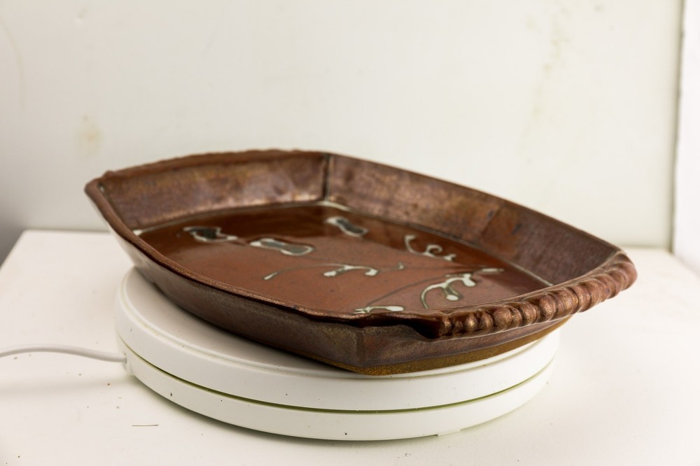 Studio Pottery Tray Platter Signed HB Brown Glaze Handmade Ceramic